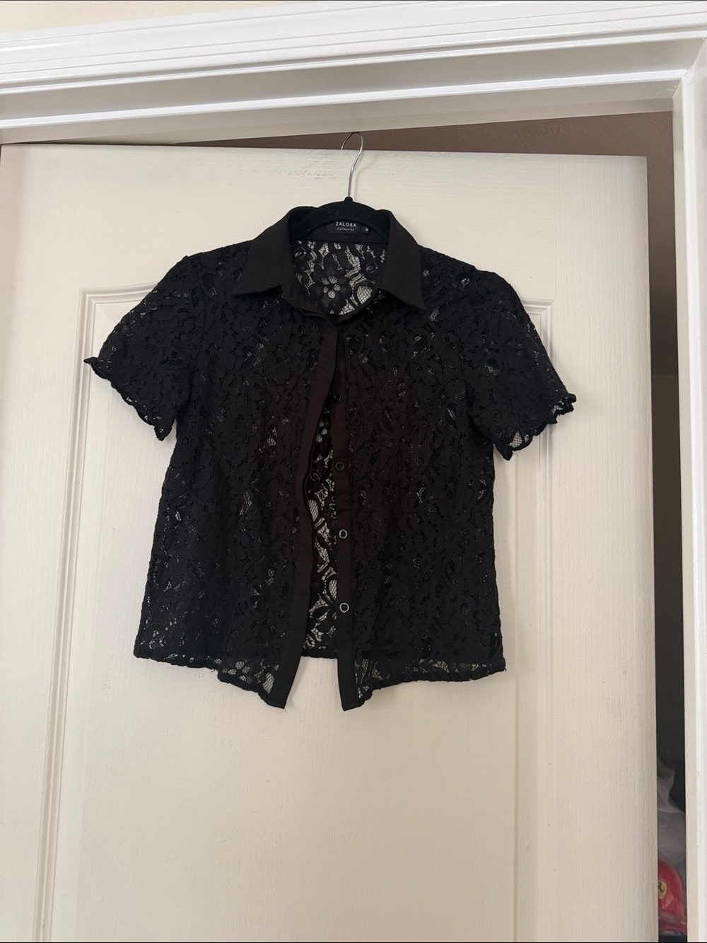 Zalora Collection Black Lace Short Sleeve Button-Down Shirt